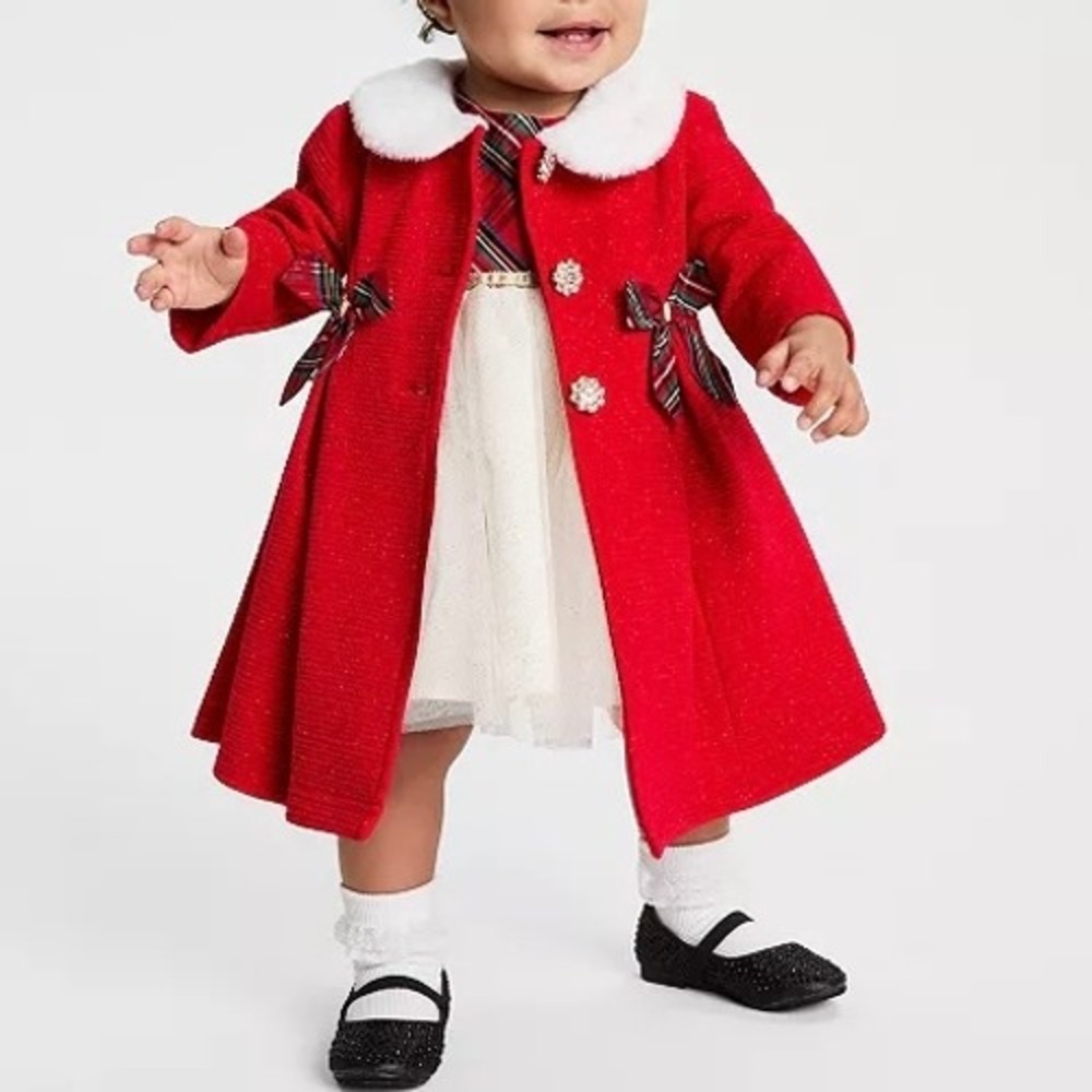Blueberi Boulevard Baby 18M Christmas Plaid Dress Red Faux Fur Coat Holiday Set